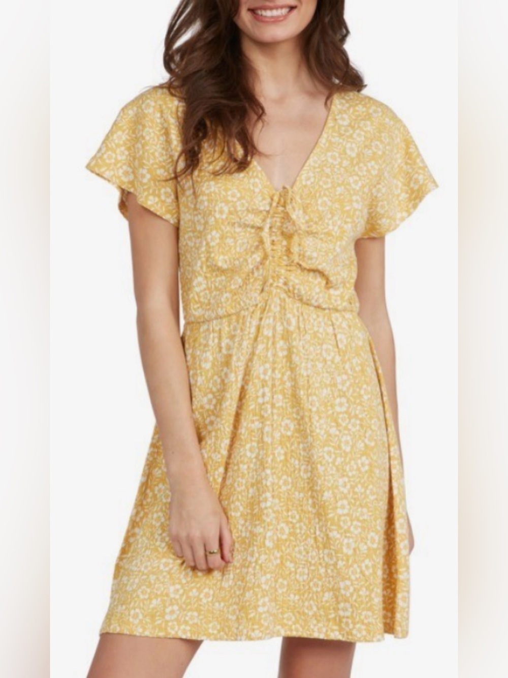 Women’s Roxy Yellow with White Floral Smocked Dress, Size Medium (8-10)